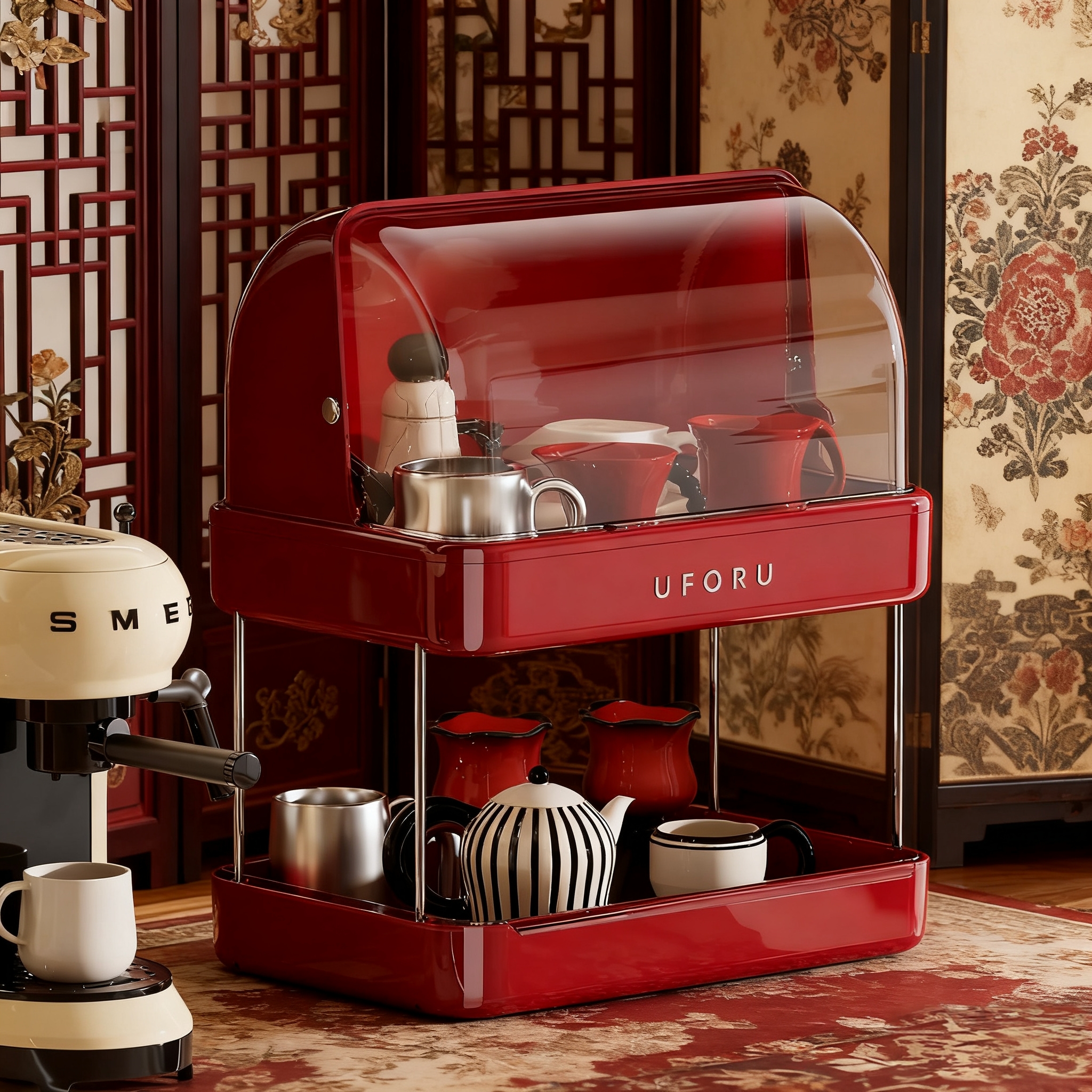 中古风双层防尘杯架收纳置物架