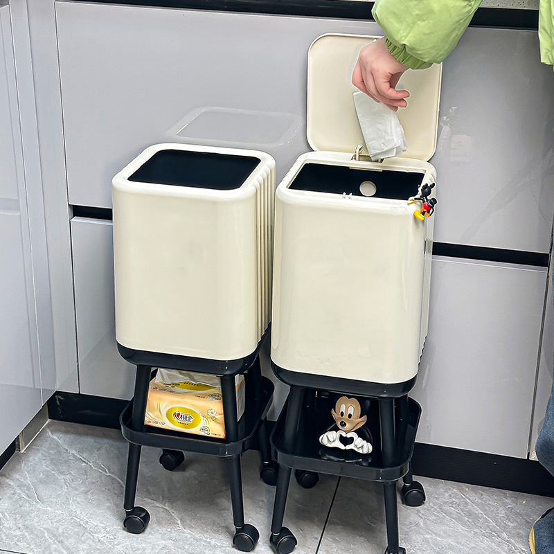 厨房垃圾桶家用2025新款免弯腰垃圾桶双层可移动置物架带轮卫生桶