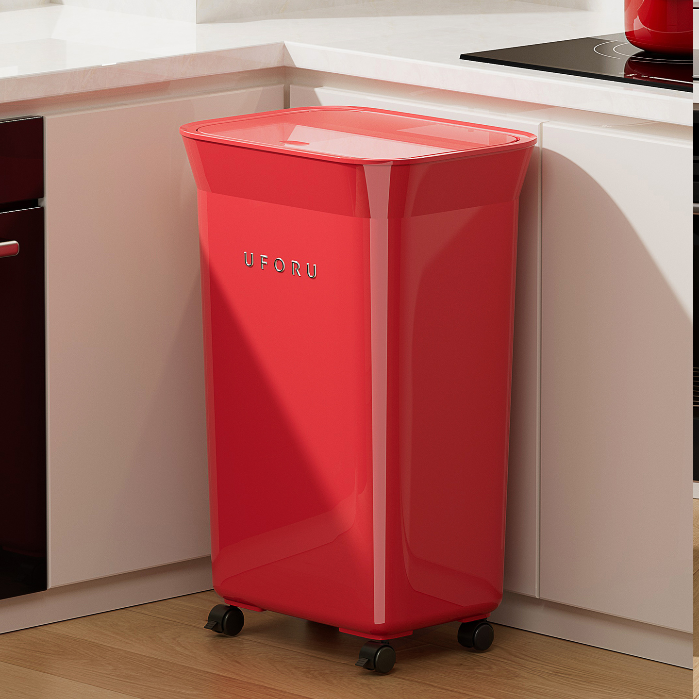 带轮可移动红色复古立式垃圾桶
