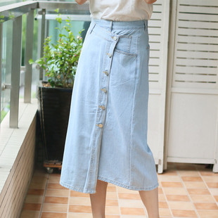 纯棉水洗 超薄复古排扣淡蓝色牛仔半裙 不对称显瘦显高气质款