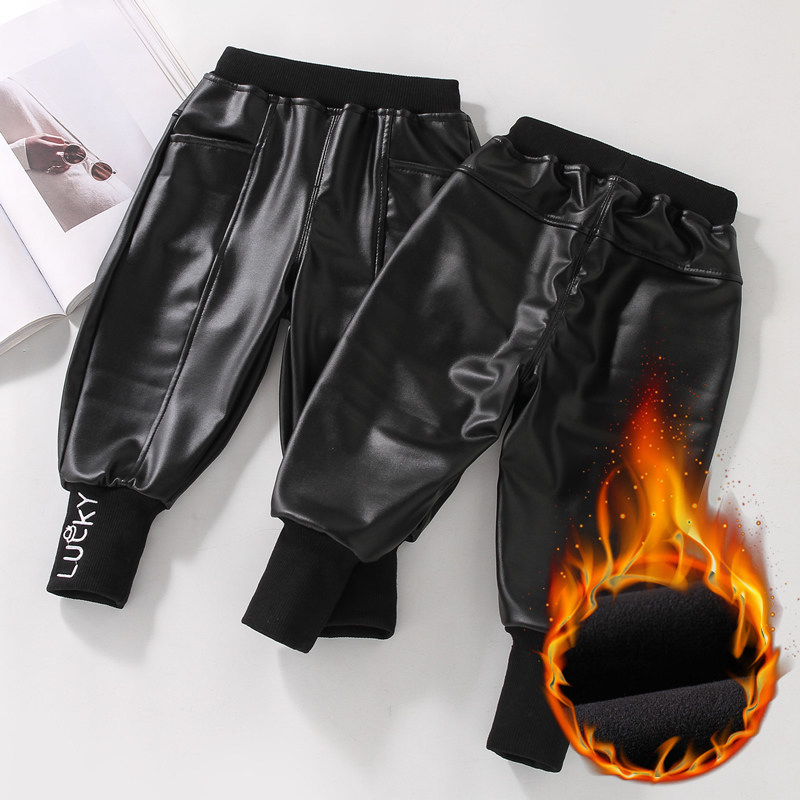 女童皮裤男童加绒加厚保暖裤冬季束脚长裤黑色外穿棉裤松紧腰束脚