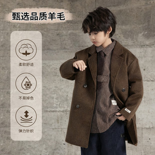 洋气秋冬男童羊绒大衣中长款加厚呢子外套复古风咖色西装领冬季