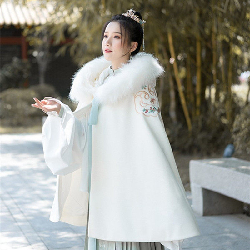 纸样汉服中长款斗篷样板改良冬季毛领款来图cad制版样衣打印图纸