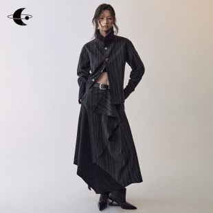 解构半身裙套装 两件套早秋条纹拼色衬衫 女 复古文艺 创世纪元