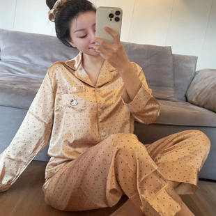 日系可爱kitty冰丝睡衣女缎面高级感长袖甜美家居服春秋夏可外穿