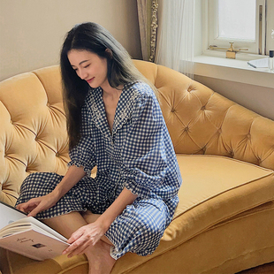 清新女宽松家居服套装 日系简约格子纯棉纱布娃娃领睡衣女春秋长袖