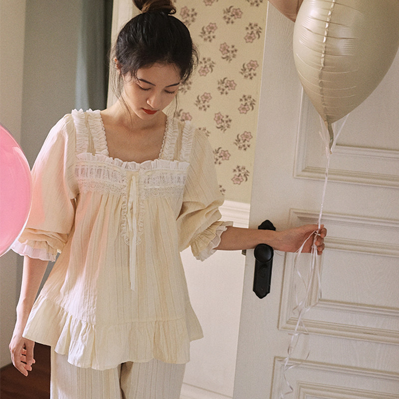 女士纯棉纱布蕾丝花边家居服套装