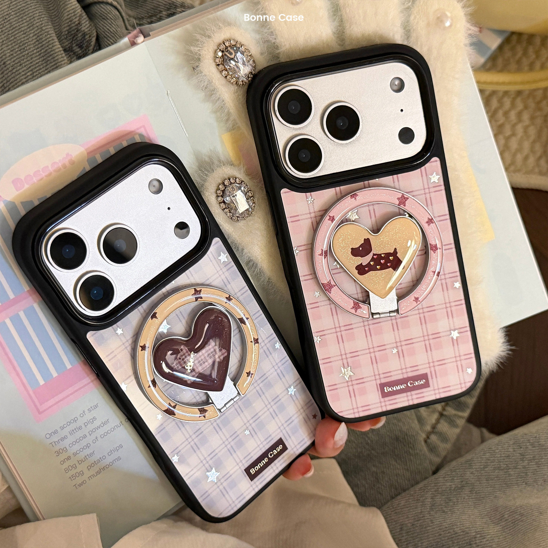 格纹小狗鎏金苹果17promax手机壳iphone16磁吸支架15适用14情侣13硬壳12