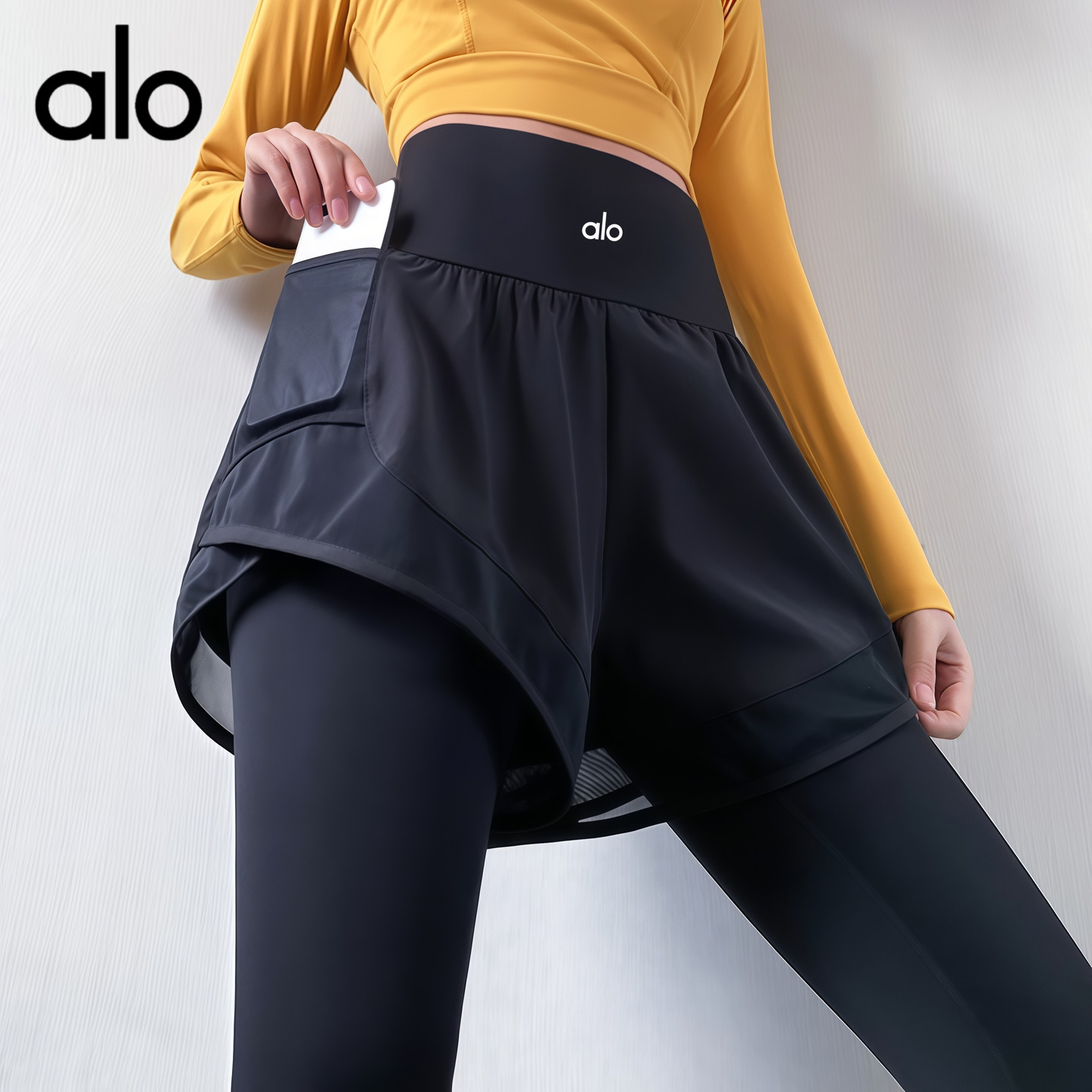 AIo健身裤女假两件跑步运动裤速干紧身训练显瘦瑜伽长裤秋冬新款