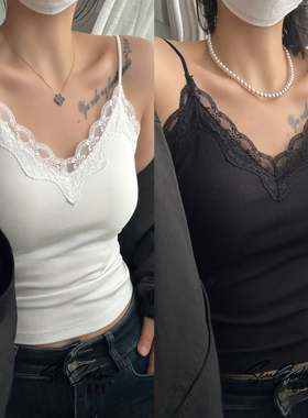 黛美芮新品细吊带法式螺纹固定杯聚拢V领蕾丝花边美背背心女2035