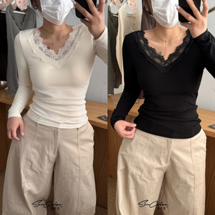 黛美芮秋冬性感蕾丝边V领固定杯珍珠绒磨毛打底衫长袖保暖衣6627