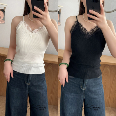 黛美芮睫毛蕾丝拼绵羊毛保暖背心