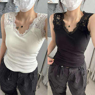 黛美芮秋冬新款 磨毛蕾丝拼接纯棉固定一体薄杯打底保暖背心女5015