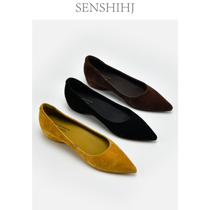 SENSHIHJ/森诗和匠羊翻皮浅口平底单鞋女春夏内增高尖头通勤女鞋