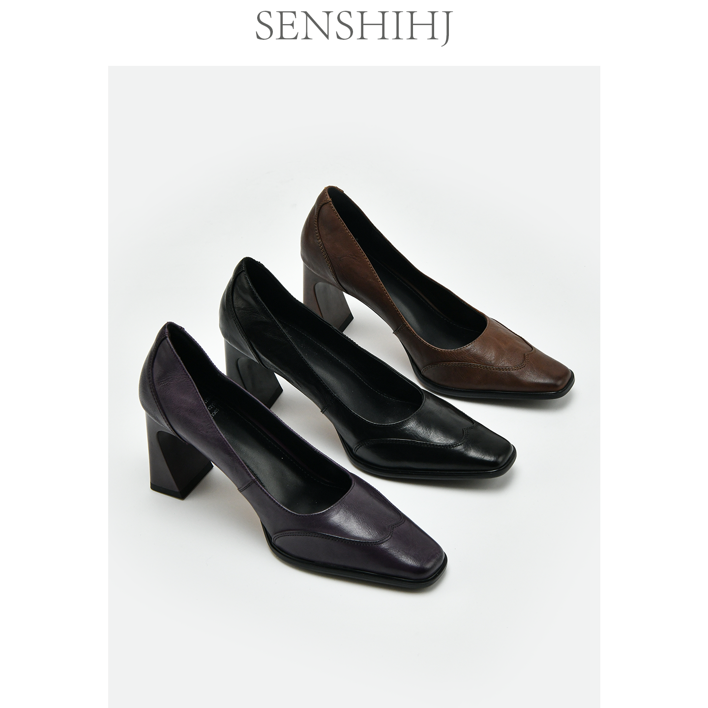 SENSHIHJ/森诗和匠头层羊皮浅口小粗跟单鞋女春夏方头职业高跟鞋