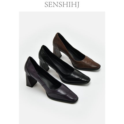 SENSHIHJ/森诗和匠头层羊皮浅口小粗跟单鞋女春夏方头职业高跟鞋