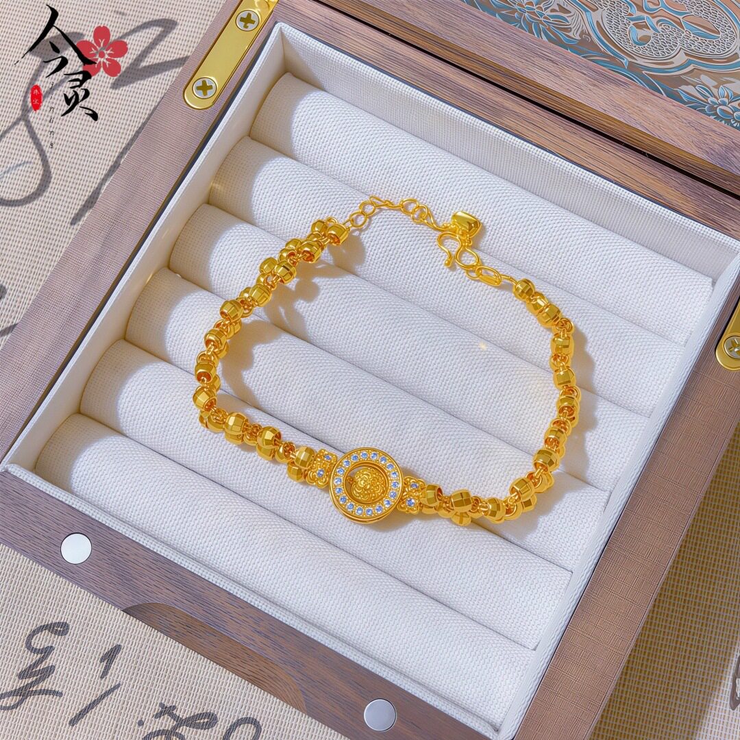 新中式复古沙金点钻灵动核桃圆牌蹦迪珠编织手链四面花转运珠手串