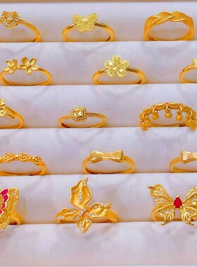 金店款沙金古法拉丝花朵戒指小众设计感指环轻奢开口多款百搭手饰