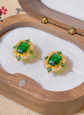 沙金耳钉 绿色璀璨四点金耳钉 轻奢小众复古精致百搭高级感气质