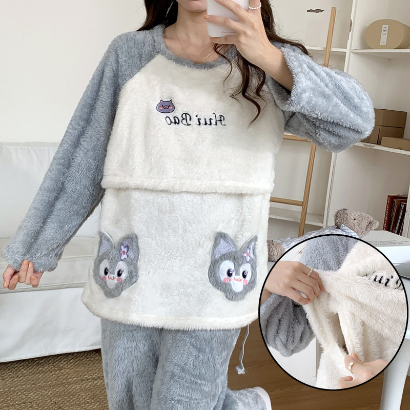 法兰绒月子服冬季加厚加绒大码珊瑚绒孕妇哺乳睡衣产后产妇家居服