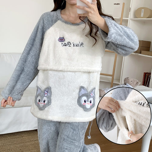法兰绒月子服冬季加厚加绒大码珊瑚绒孕妇哺乳睡衣产后产妇家居服