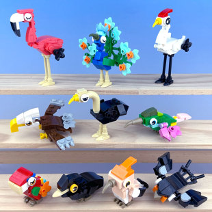 儿童鸟类积木十合一套盒孔雀乌鸦丹顶鹤小颗粒益智拼装幼儿园礼物