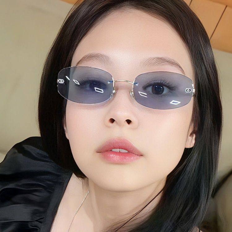 jennie同款无框切边蓝色墨镜女高级感金属朋克风小脸显瘦太阳眼镜