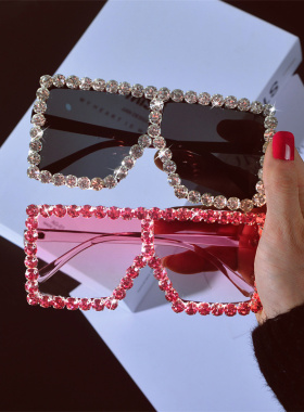 欧美四方大框方形太阳镜网红个性手工镶钻大脸圆脸墨镜女生日眼镜