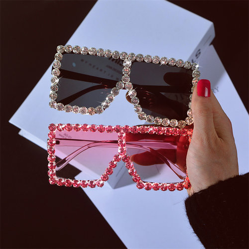 欧美四方大框方形太阳镜网红个性手工镶钻大脸圆脸墨镜女生日眼镜