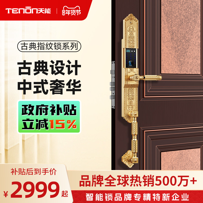 亚太天能指纹锁欧式古典智能门锁电子锁别墅豪宅双开门密码锁