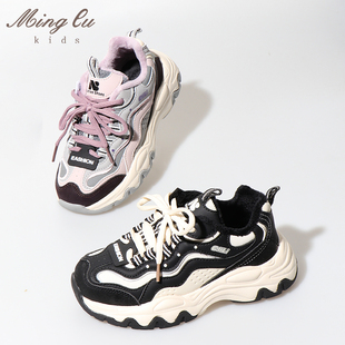 明璐儿童加绒运动鞋老爹鞋2025冬季女童棉鞋男童黑色二棉鞋子童鞋