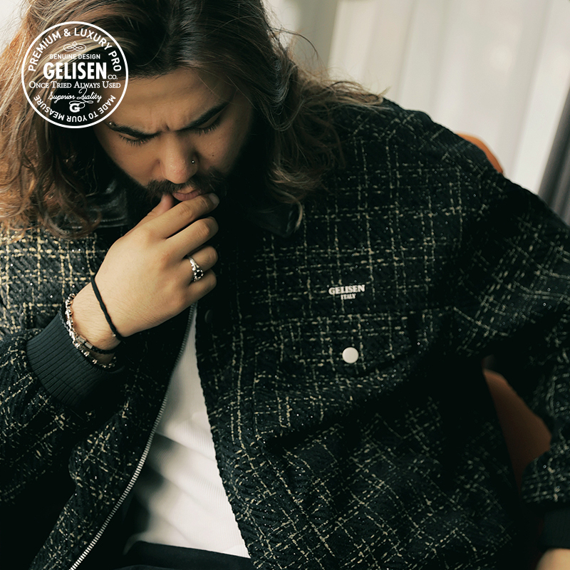 格里森GELISEN大码商务男装复古格纹夹克工装风短款呢子外套潮牌