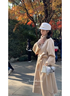 Innstudios“秋叶大衣”氛围感高端羊绒羊毛水貂毛领中长驼色大衣