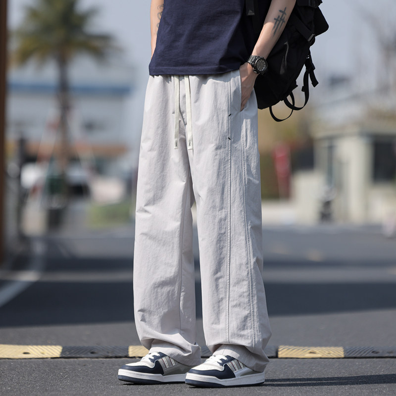 男士裤子夏天薄款美式潮牌流行浅灰色冰丝裤男生高街运动休闲长裤