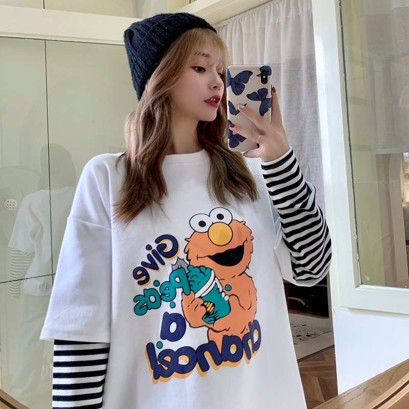 2021 real shot spring dress Fishscale 7525 cotton fake two long sleeve sweater women's versatile round neck T-shirt STRIPE TOP