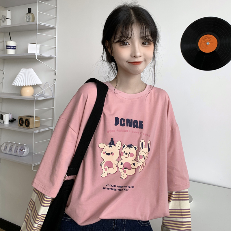 2021 real shot spring new fake two piece striped long sleeve T-shirt