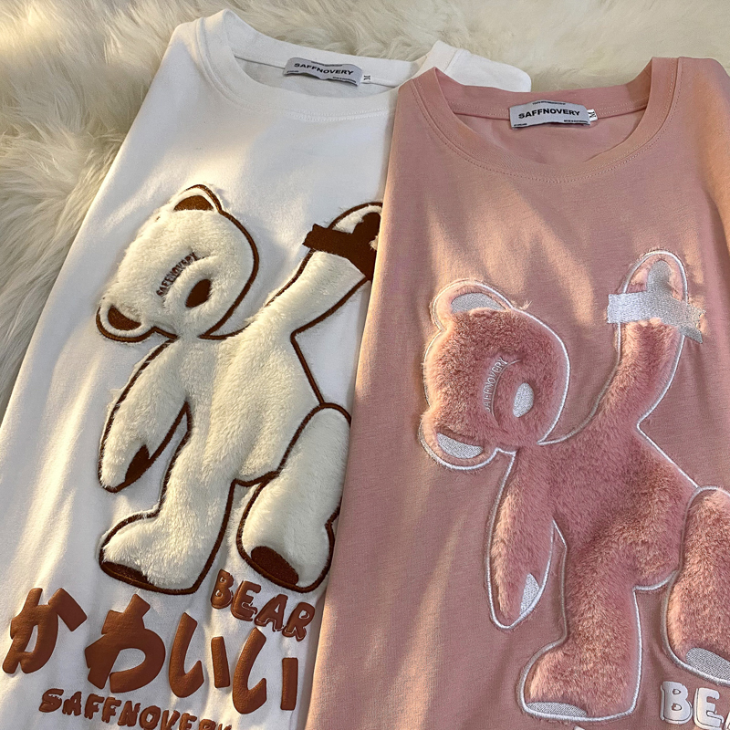 官圖實價短袖t恤女中長款刺繡發泡印花