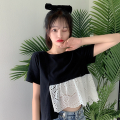 實拍實價不規則上衣女生蕾絲拼接小個子短袖t恤