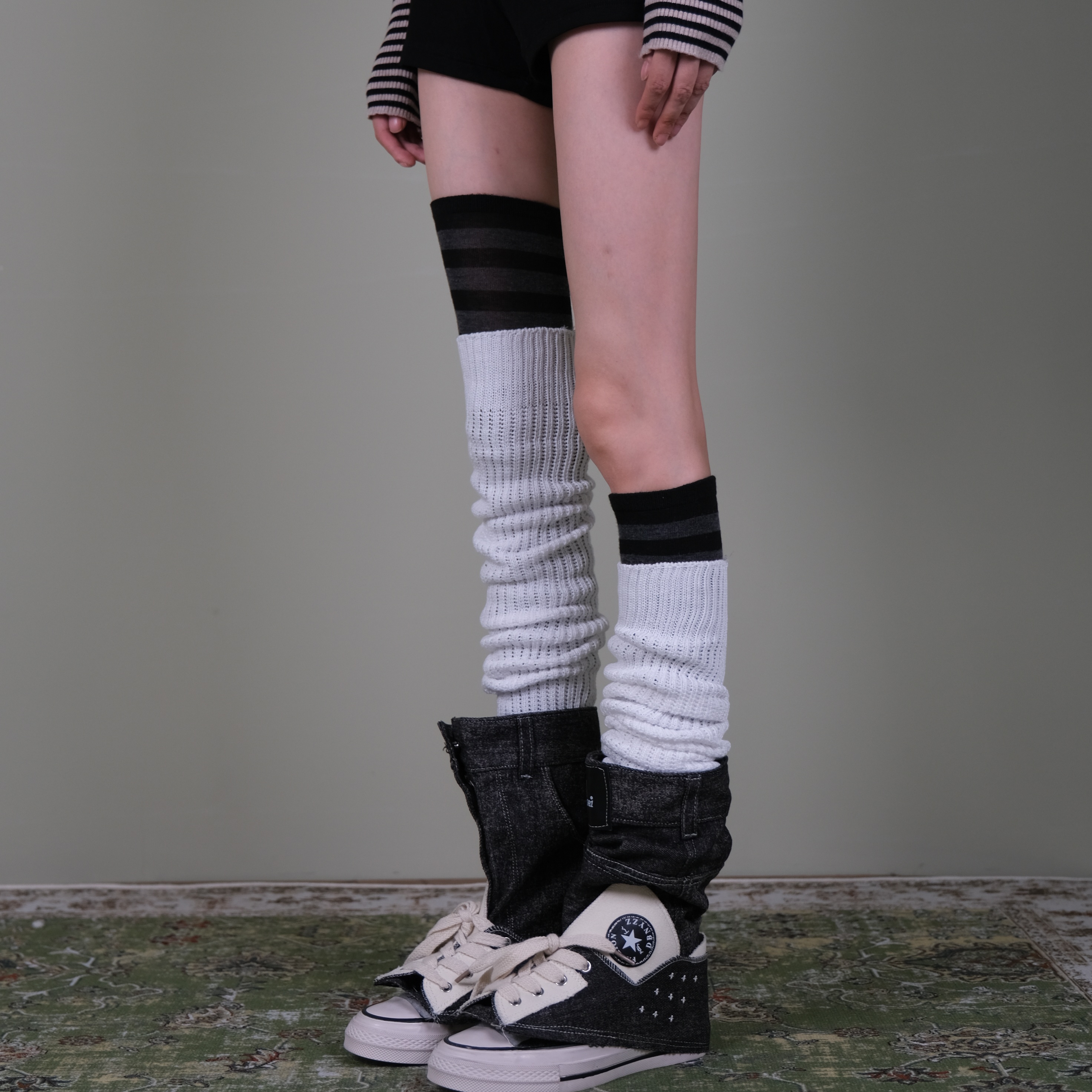 日杂感黑白条纹针织堆堆袜叠穿