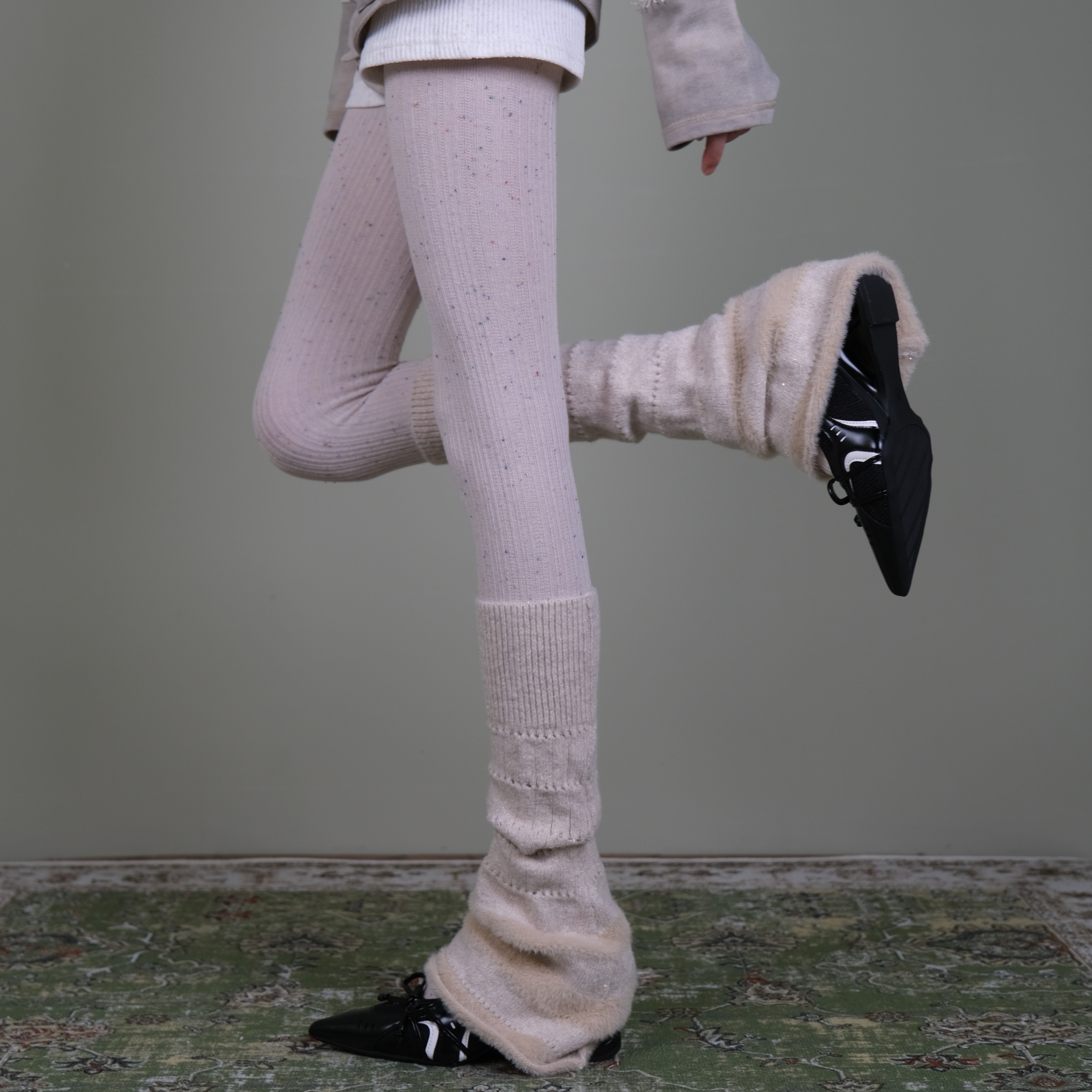 米白色彩点连裤袜女清新甜美风