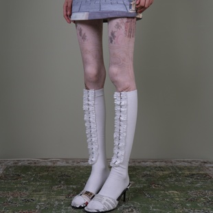 西岭【个性图案印花纹身丝袜时尚复古抽象叠穿白色扣子堆堆袜
