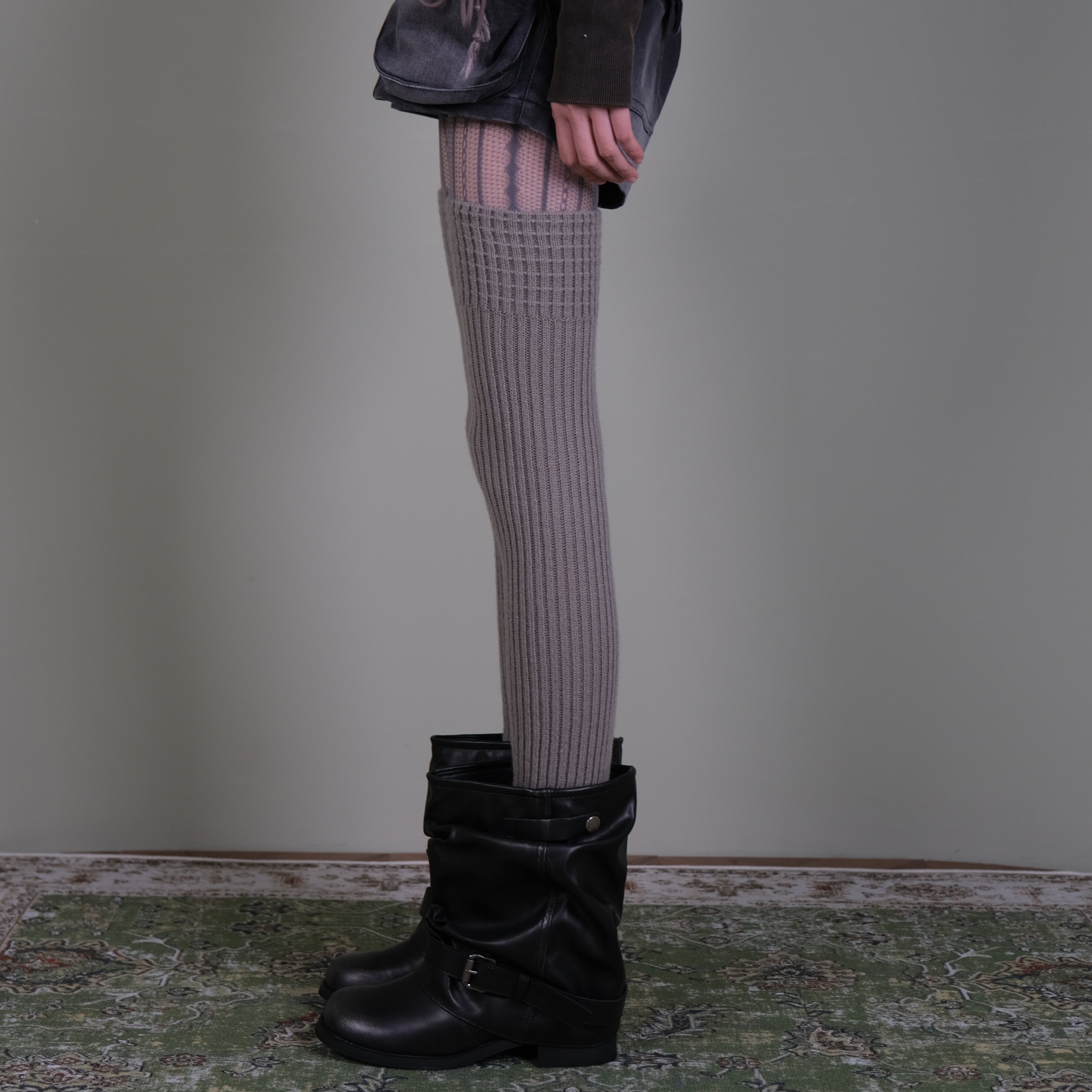 西岭【浅咖针织坑条过膝袜女 复古潮酷风 搭做旧牛仔短裤,女士内衣/男士内衣/家居服,长筒袜,淘宝优惠券,粉丝福利购,淘宝优惠卷