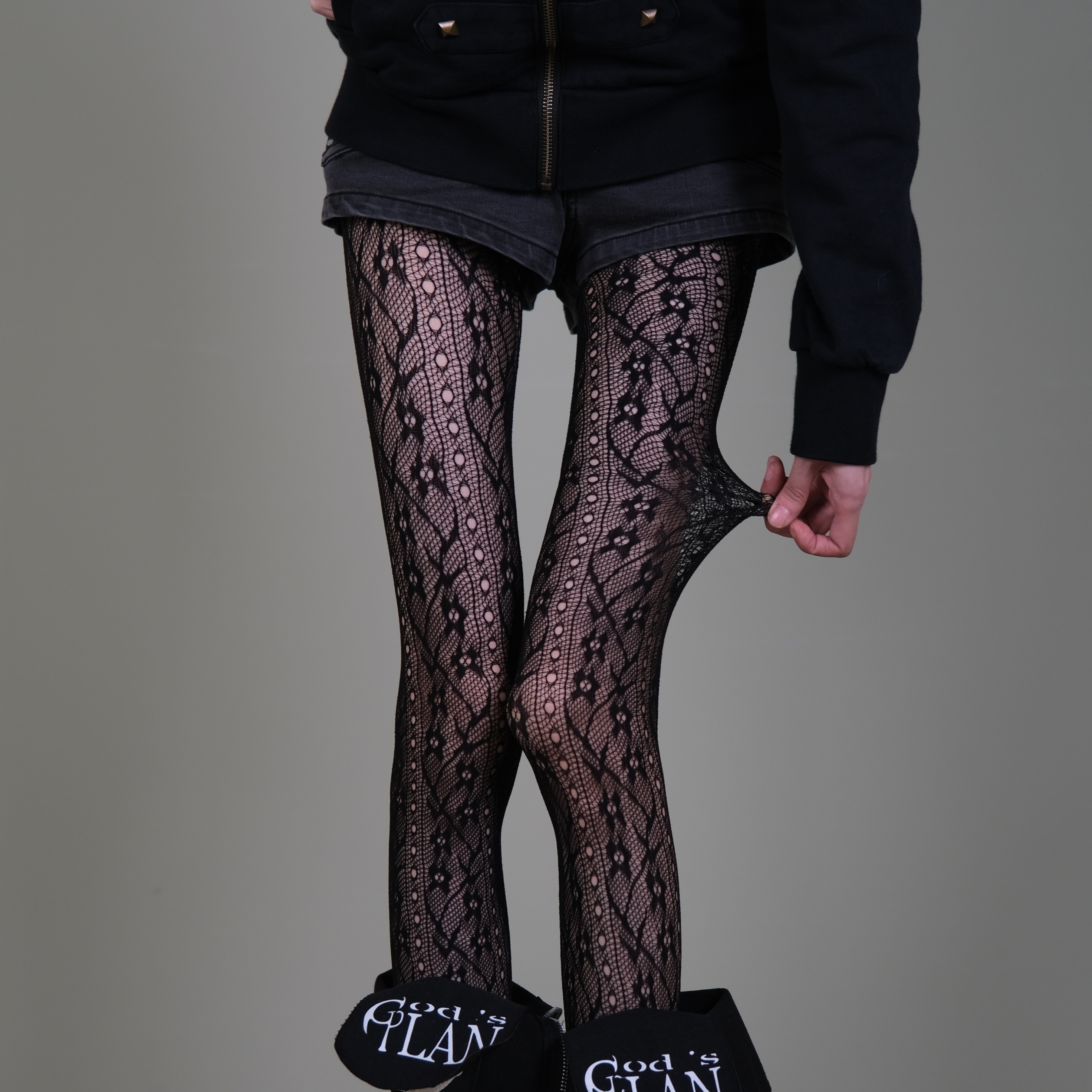 黑底花纹蕾丝连裤袜女