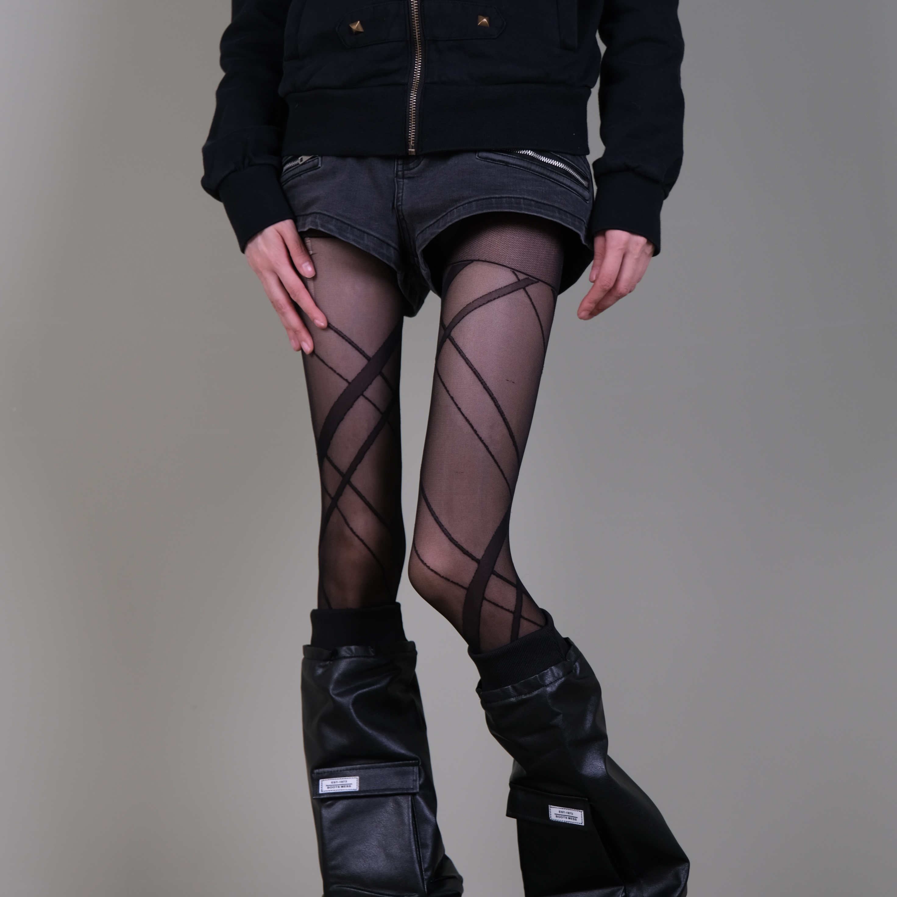 黑底交叉肌理网纱连裤袜女