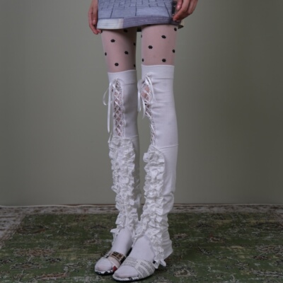 甜美浪漫白蕾丝绑带过膝袜