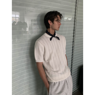 INKNOTS复古高级感老钱镂空羊毛针织短袖 T恤男女慵懒高智圆领上衣