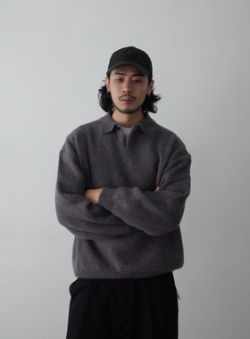 INKNOTS美式复古灰色老钱休闲针织衫男女cleanfit短宽polo领毛衣