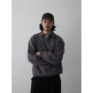 INKNOTS美式 男女cleanfit短宽polo领毛衣 复古灰色老钱休闲针织衫