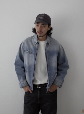 INKNOTS美式潮牌15盎司水洗蓝色牛仔外套男女复古短宽松拉链夹克