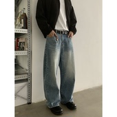 男女潮牌直筒baggy休闲裤 INKNOTS美式 复古水洗做旧宽松弯刀牛仔裤